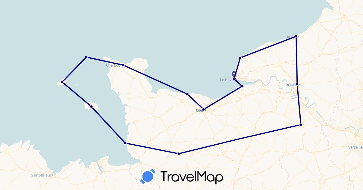 TravelMap itinerary: driving in France, Guernsey, Jersey (Europe)